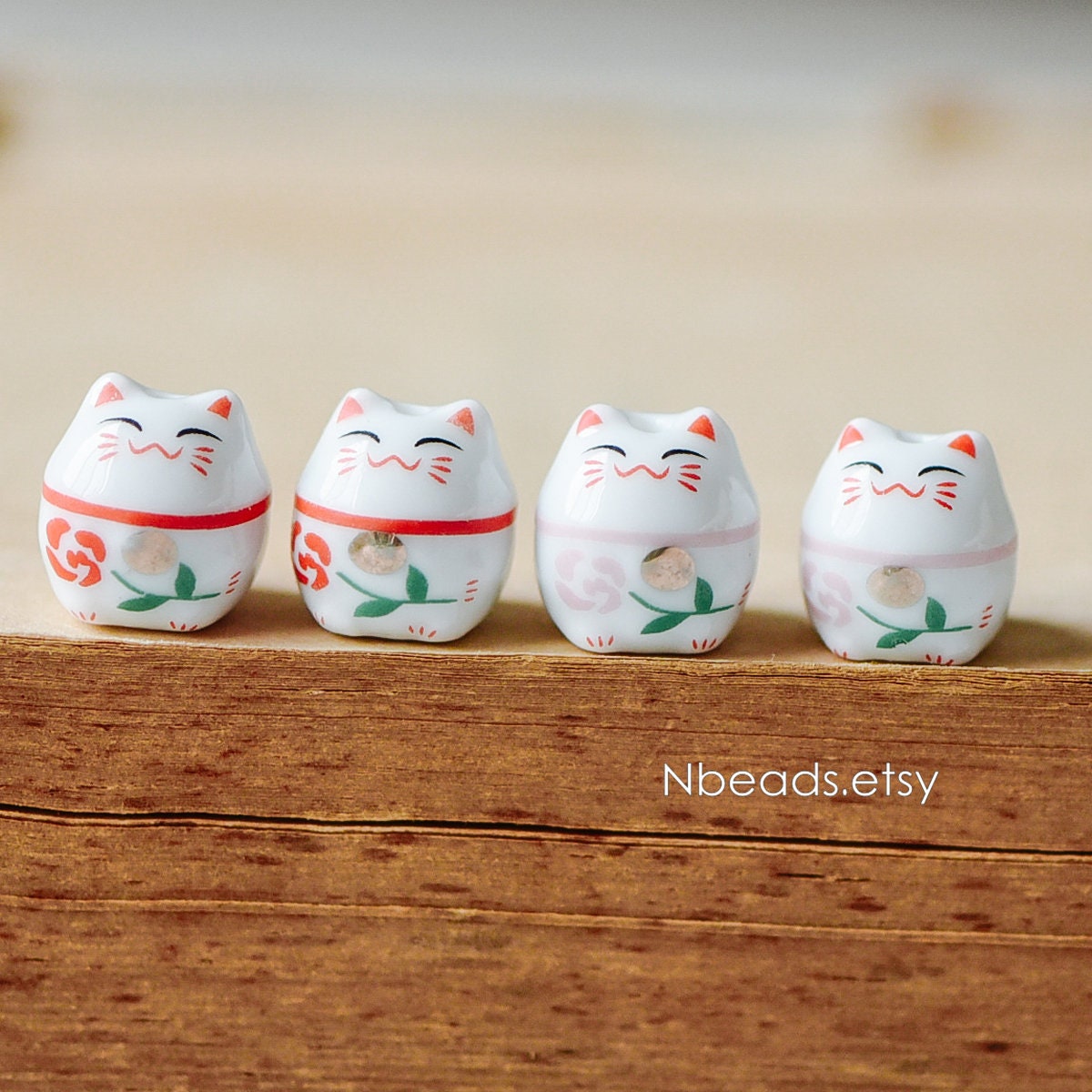 10 beads- Porcelain Lucky Cat beads 15mm, Ceramic Maneki Neko, Drilled with hole, White Red/ Pink Kawaii Cat-(TC-148)